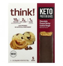 Think !, Keto Protein Bars, Chocolate Peanut Butter Cookie Dough, 5 Bars, 1.2 oz (34 g) Each