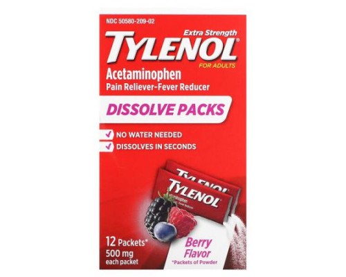 Tylenol, Extra Strength Acetaminophen Dissolve Packs for Adults, Berry Flavor, 500 mg, 12 Packets of Powder Tylenol, Extra Strength Acetaminophen Dissolve Packs for Adults, Berry Flavor, 500 mg, 12 Packets of Powder