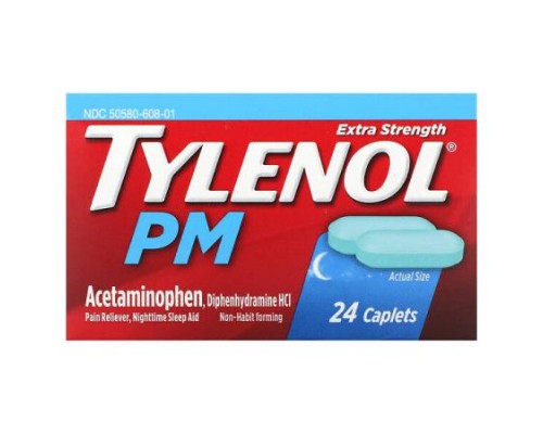 Tylenol, Extra Strength PM Acetaminophen, Pain Reliever, Nighttime Sleep Aid, 24 Caplets