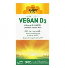 Country Life, Certified Vegan D3, 125 mcg (5,000 IU), 30 Vegan Softgels
