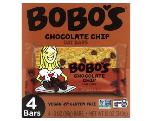 Bobo's Oat Bars, Chocolate Chip Oat Bars, 4 Bars, 3 oz (85 g) Each Bobo's Oat Bars, Chocolate Chip Oat Bars, 4 Bars, 3 oz (85 g) Each