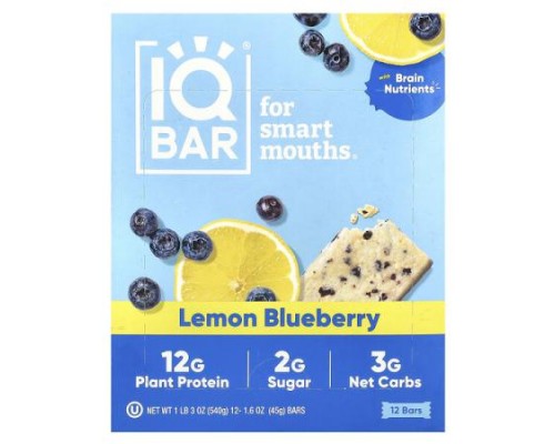 IQBAR, Plant Protein Bar, Lemon Blueberry, 12 Bars, 1.6 oz (45 g) Each
