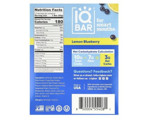 IQBAR, Plant Protein Bar, Lemon Blueberry, 12 Bars, 1.6 oz (45 g) Each