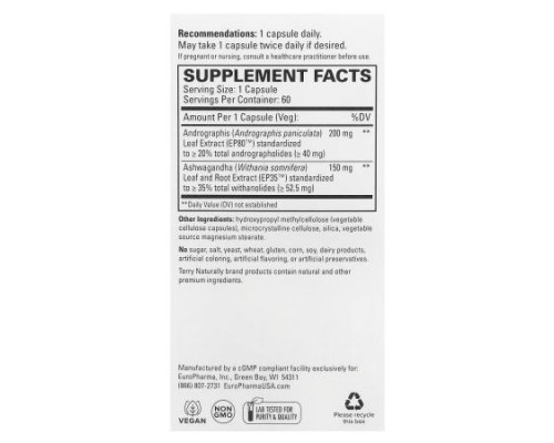 Terry Naturally, Andrographis and Ashwagandha, 60 Capsules Terry Naturally, Andrographis and Ashwagandha, 60 Capsules