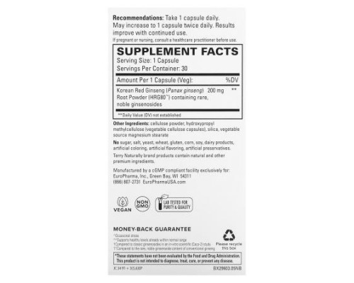 Terry Naturally, HRG80 Red Ginseng Energy, 30 Capsules (200 mg per Capsule)