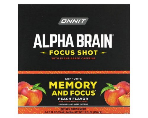 Onnit, Alpha Brain Focus Shot, Peach, 6 Bottles, 2.5 fl oz (75 ml) Each Onnit, Alpha Brain Focus Shot, Peach, 6 Bottles, 2.5 fl oz (75 ml) Each