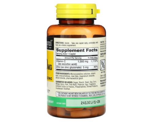 Mason Natural, Vitamin C with Rose Hips & Zinc, 1,000 mg, 100 Caplets