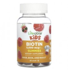 Lifeable, Kids Biotin Gummies, Natural Raspberry, 60 Gummies (2,500 mcg per Gummy)