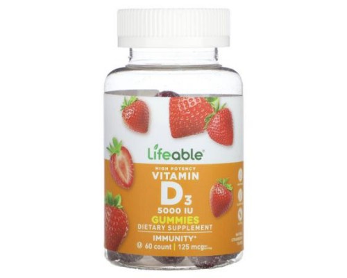 Lifeable, High Potency Vitamin D3 Gummies, Natural Strawberry, 60 Gummies (62.5 mg (2,500 IU) per Gummy)