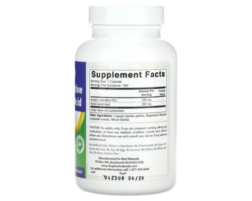 Best Naturals, Acetyl L-Carnitine Alpha Lipoic Acid, 750 mg, 120 Capsules Best Naturals, Acetyl L-Carnitine Alpha Lipoic Acid, 750 mg, 120 Capsules