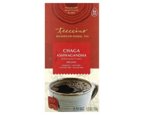 Teeccino, Organic Mushroom Herbal Tea, Chaga Ashwagandha, Butterscotch Cream, Caffeine Free, 25 Tea Bags, 5.3 oz (150 g)