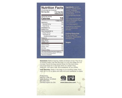 Teeccino, Prebiotic Herbal Tea, Dark Chocolate, Caffeine Free, 25 Tea Bags, 5.3 oz (150 g)