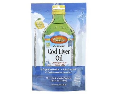 Carlson, Wild Norwegian Cod Liver Oil, Natural Lemon, 15 Liquid Packets, 0.17 fl oz (5 ml) Each Carlson, Wild Norwegian Cod Liver Oil, Natural Lemon, 15 Liquid Packets, 0.17 fl oz (5 ml) Each