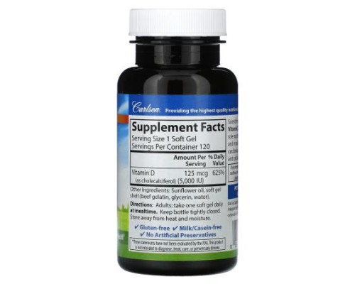 Carlson, Vitamin D3, 125 mg (5,000 IU), 120 Soft Gels Carlson, Vitamin D3, 125 mg (5,000 IU), 120 Soft Gels