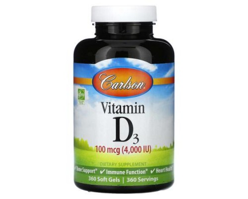 Carlson, Vitamin D3, 100 mcg (4,000 IU), 360 Soft Gels