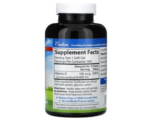 Carlson, Vitamin D3, 100 mcg (4,000 IU), 360 Soft Gels