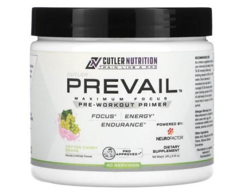 Cutler Nutrition, Prevail, Pre-Workout Primer, Cotton Candy Grape, 8.46 oz (240 g) (Discontinued Item)