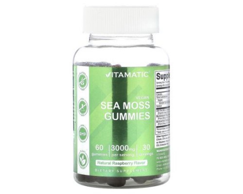 Vitamatic, Vegan Sea Moss Gummies, Natural Raspberry, 60 Gummies