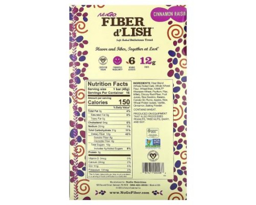 NuGo Nutrition, Fiber d'Lish, Cinnamon Raisin, 16 Bars, 1.6 oz (45 g) Each