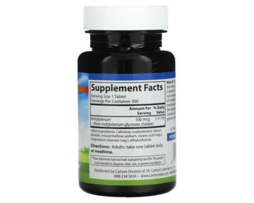Carlson, Moly-B™,  Chelated Molybdenum, 300 Vegetarian Tablets (500 mcg per Tablet)