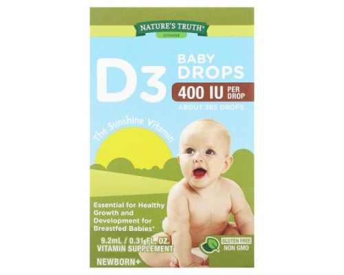 Nature's Truth, Vitamins, D3 Baby Drops, Newborn+, 10 mcg (400 IU), 0.31 fl oz (9.2 ml) Nature's Truth, Vitamins, D3 Baby Drops, Newborn+, 10 mcg (400 IU), 0.31 fl oz (9.2 ml)