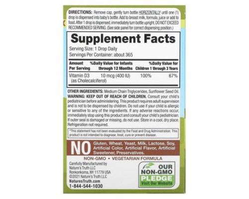 Nature's Truth, Vitamins, D3 Baby Drops, Newborn+, 10 mcg (400 IU), 0.31 fl oz (9.2 ml) Nature's Truth, Vitamins, D3 Baby Drops, Newborn+, 10 mcg (400 IU), 0.31 fl oz (9.2 ml)