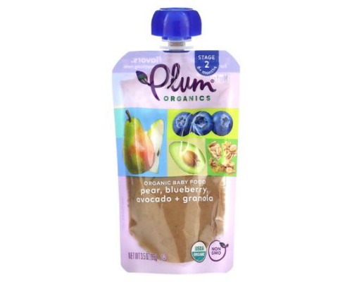 Plum Organics, Organic Baby Food, 6 + Months, Pear, Blueberry, Avocado + Granola , 3.5 oz (99 g)