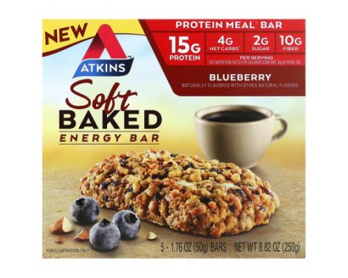 Atkins, Soft Baked Energy Bar, Blueberry, 5 Bars, 1.76 oz (50 g) Each Atkins, Soft Baked Energy Bar, Blueberry, 5 Bars, 1.76 oz (50 g) Each