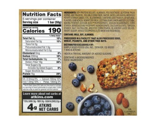 Atkins, Soft Baked Energy Bar, Blueberry, 5 Bars, 1.76 oz (50 g) Each Atkins, Soft Baked Energy Bar, Blueberry, 5 Bars, 1.76 oz (50 g) Each