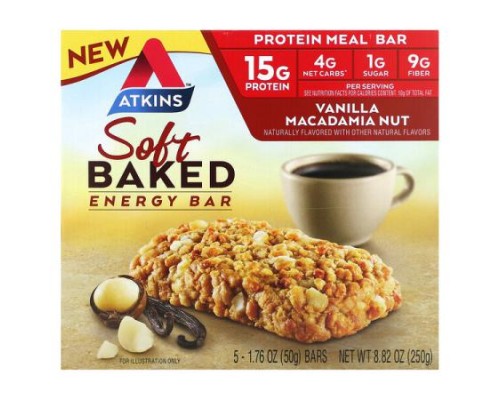 Atkins, Soft Baked Energy Bar, Vanilla Macadamia Nut, 5 Bars, 1.76 oz (50 g) Each Atkins, Soft Baked Energy Bar, Vanilla Macadamia Nut, 5 Bars, 1.76 oz (50 g) Each