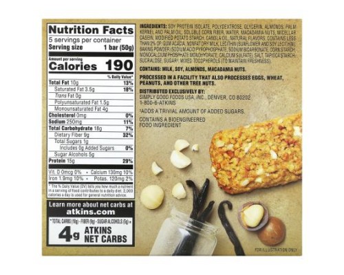 Atkins, Soft Baked Energy Bar, Vanilla Macadamia Nut, 5 Bars, 1.76 oz (50 g) Each Atkins, Soft Baked Energy Bar, Vanilla Macadamia Nut, 5 Bars, 1.76 oz (50 g) Each