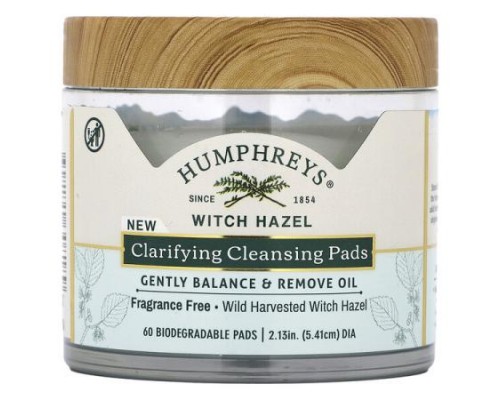 Humphreys, Witch Hazel, Clarifying Cleansing Pads, Fragrance Free, 60 Biodegradable Pads Humphreys, Witch Hazel, Clarifying Cleansing Pads, Fragrance Free, 60 Biodegradable Pads