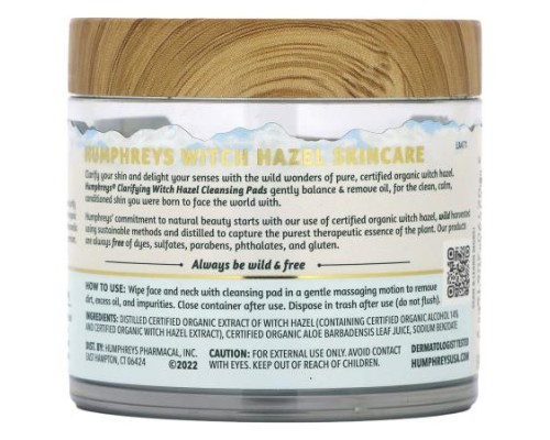 Humphreys, Witch Hazel, Clarifying Cleansing Pads, Fragrance Free, 60 Biodegradable Pads Humphreys, Witch Hazel, Clarifying Cleansing Pads, Fragrance Free, 60 Biodegradable Pads