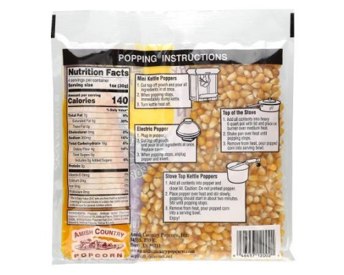 Amish Country Popcorn, Perfect Portions 3 in 1 Popcorn Pack, Medium Yellow, 5.5 oz (156 g) Amish Country Popcorn, Perfect Portions 3 in 1 Popcorn Pack, Medium Yellow, 5.5 oz (156 g)