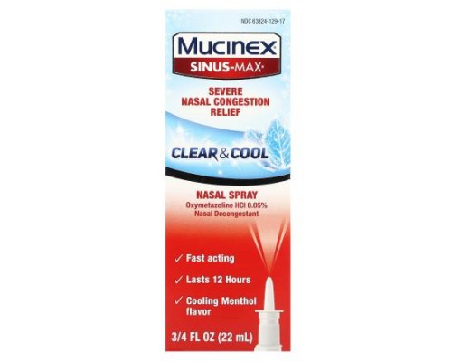 Mucinex, Sinus-Max, Severe Nasal Congestion Relief, Clear & Cool, 0.75 fl oz (22 ml) Mucinex, Sinus-Max, Severe Nasal Congestion Relief, Clear & Cool, 0.75 fl oz (22 ml)