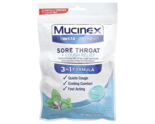Mucinex, InstaSoothe™, Sore Throat + Cough Relief, Alpine Herbs & Fresh Mint, 40 Medicated Drops