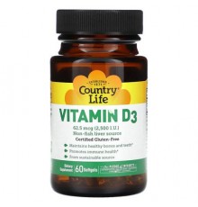 Country Life, Vitamin D3, 62.5 mcg (2,500 IU), 60 Softgels