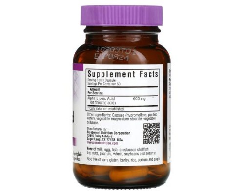 Bluebonnet Nutrition, Alpha Lipoic Acid, 600 mg, 60 Vegetable Capsules