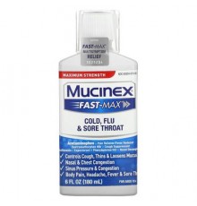 Mucinex, Fast-Max Cold, Flu & Sore Throat, Maximum Strength, For Ages 12+, 6 fl oz (180 ml)