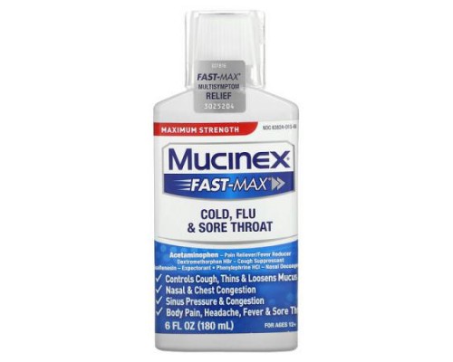 Mucinex, Fast-Max Cold, Flu & Sore Throat, Maximum Strength, For Ages 12+, 6 fl oz (180 ml)