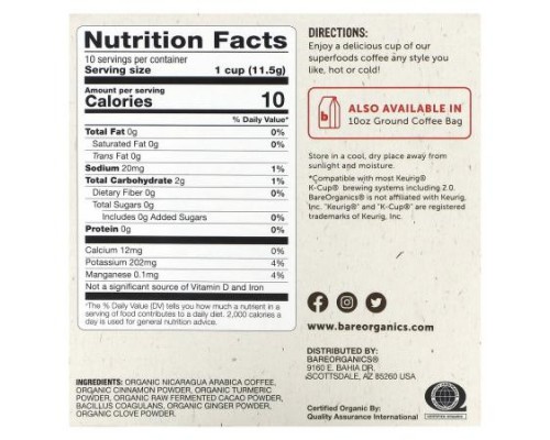 BareOrganics, Cardio Care, Coffee with Superfoods, Medium Roast, 10 Cups, 0.41 oz (11.5 g) Each BareOrganics, Cardio Care, Coffee with Superfoods, Medium Roast, 10 Cups, 0.41 oz (11.5 g) Each
