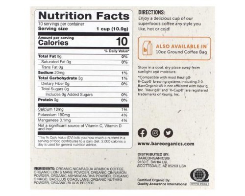 BareOrganics, Focus, Coffee with Superfoods, Medium Roast, 10 Cups, 0.38 oz (10.9 g) Each BareOrganics, Focus, Coffee with Superfoods, Medium Roast, 10 Cups, 0.38 oz (10.9 g) Each