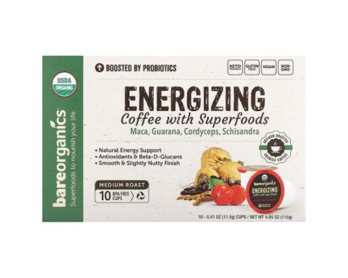 BareOrganics, Energizing, Coffee with Superfoods, Medium Roast, 10 Cups, 0.41 oz (11.5 g) Each BareOrganics, Energizing, Coffee with Superfoods, Medium Roast, 10 Cups, 0.41 oz (11.5 g) Each