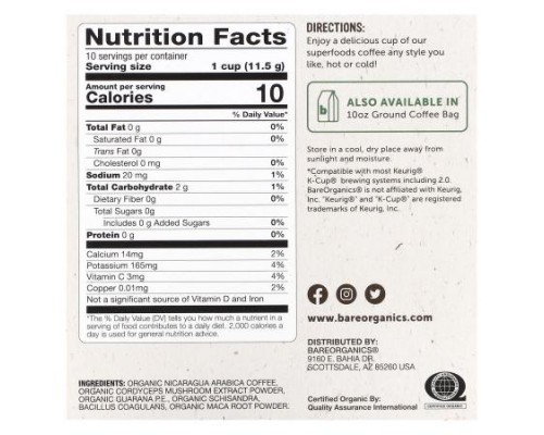 BareOrganics, Energizing, Coffee with Superfoods, Medium Roast, 10 Cups, 0.41 oz (11.5 g) Each BareOrganics, Energizing, Coffee with Superfoods, Medium Roast, 10 Cups, 0.41 oz (11.5 g) Each
