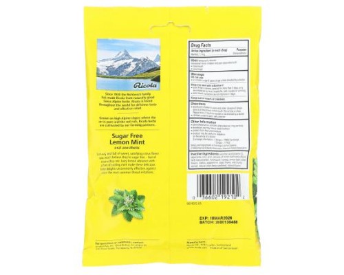 Ricola, Oral Anesthetic, Sugar Free, Lemon Mint, 1.1 mg, 19 Wrapped Drops Ricola, Oral Anesthetic, Sugar Free, Lemon Mint, 1.1 mg, 19 Wrapped Drops