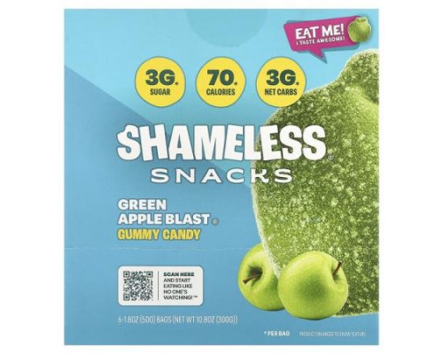 Shameless Snacks, Gummy Candy, Green Apple Blast®, 6 Bags, 1.8 oz (50 g) Each