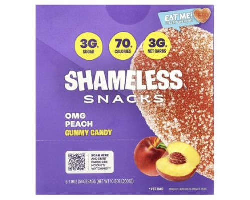 Shameless Snacks, Gummy Candy, OMG Peach, 6 Bags, 1.8 oz (50 g) Each