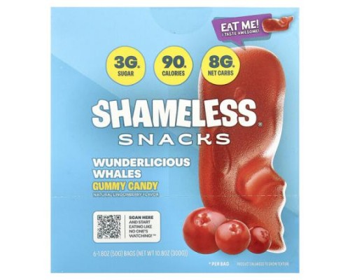 Shameless Snacks, Gummy Candy, Wunderlicious Whales, 6 Bags, 1.8 oz (50 g) Each