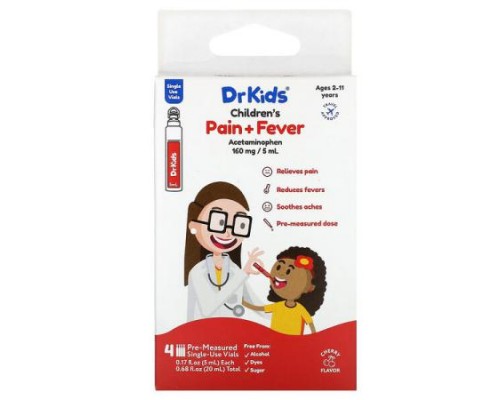 DrKids, Children's Pain + Fever,  Ages 2-11 Years, Cherry, 4 Pre-Measured Single-Use Vials, 0.17 fl oz (5 ml) Each (Discontinued Item)