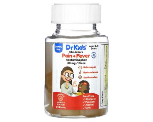DrKids, Children's Pain + Fever Gummy Bite, Ages 2-11 Years, Orange Vanilla, 24 Gummies DrKids, Children's Pain + Fever Gummy Bite, Ages 2-11 Years, Orange Vanilla, 24 Gummies